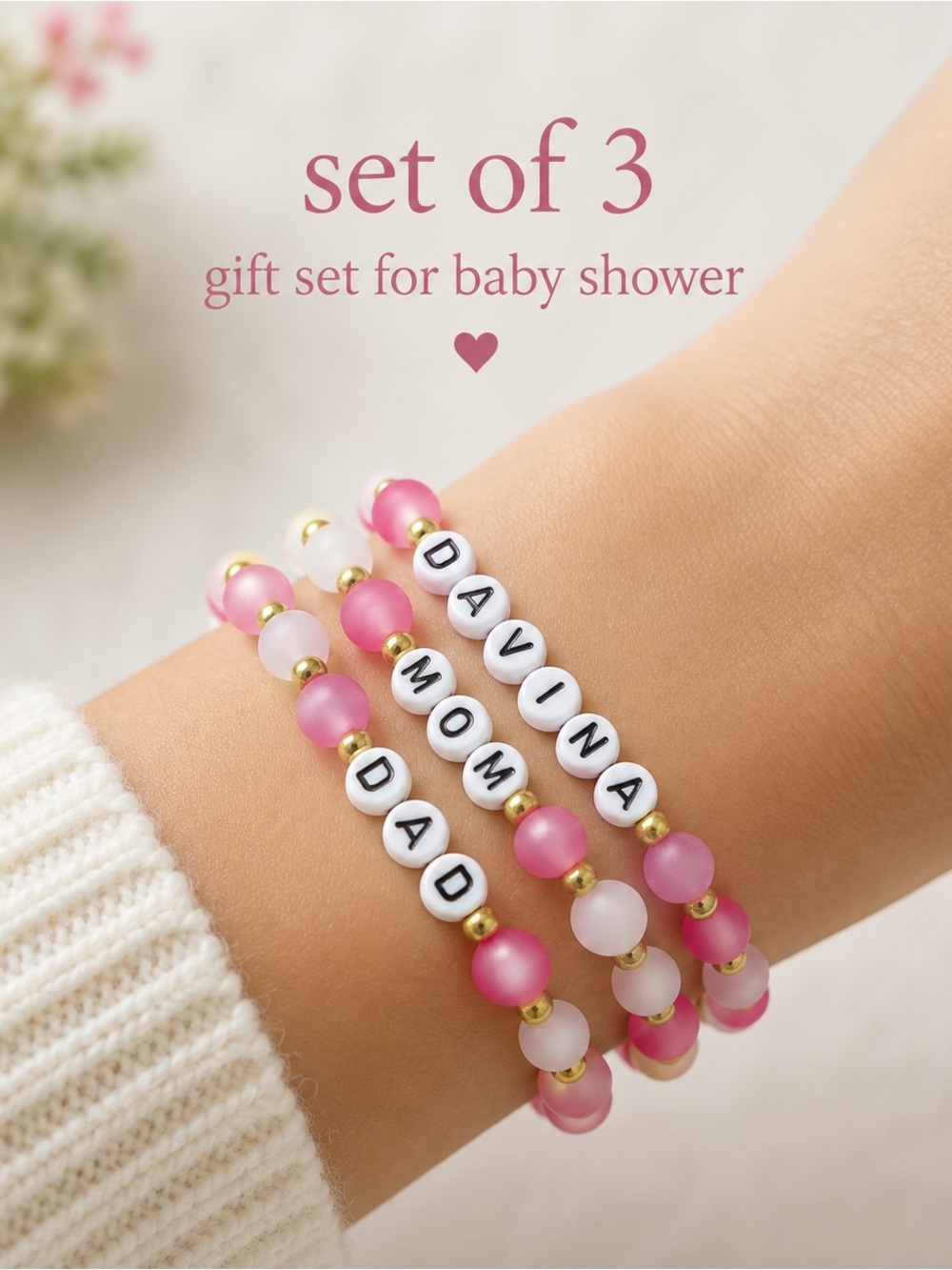 Set of 3 Pink Beaded Name Bracelets with Gold Accents